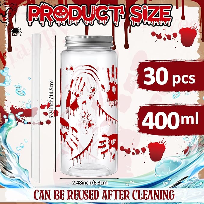 Skylety 30 Pcs Halloween Blood Printed Plastic Cups 13.5 oz Plastic Tumbler with Lids and Straws Reusable Bloody Drinking Cups for Halloween Themed Party Supplies Juice Soda Drinks