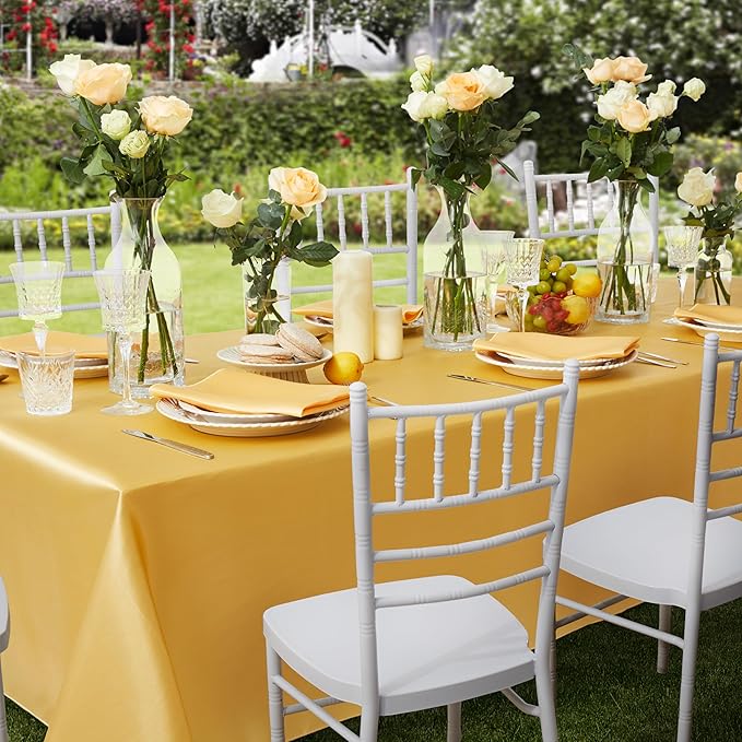 6 Pack Satin Table Cover Rectangle Silkly Soft Table Cloth, Satin Dining Table Cloths for Wedding Banquet Table Decoration, Dining Room, Indoor and Outdoor Use, 60 x 84 Inches, Gold
