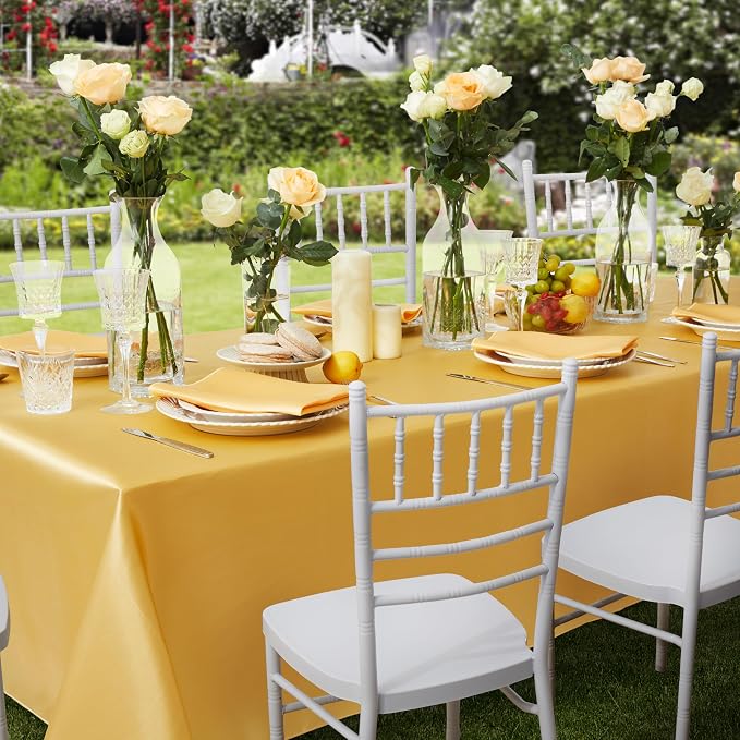 6 Pack Satin Table Cover Rectangle Silkly Soft Table Cloth, Satin Dining Table Cloths for Wedding Banquet Table Decoration, Dining Room, Indoor and Outdoor Use, 60 x 120 Inches, Gold
