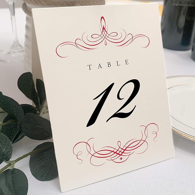 Decadent Flourish Wedding Table Numbers (Select Color/Quantity), Champagne, Ruby Red, 1-90, Double Sided, Tent or Use in a Stand, Great for Parties & Restaurants