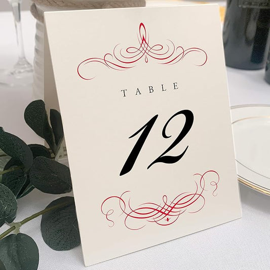 Decadent Flourish Wedding Table Numbers (Select Color/Quantity), Champagne, Ruby Red, 1-90, Double Sided, Tent or Use in a Stand, Great for Parties & Restaurants
