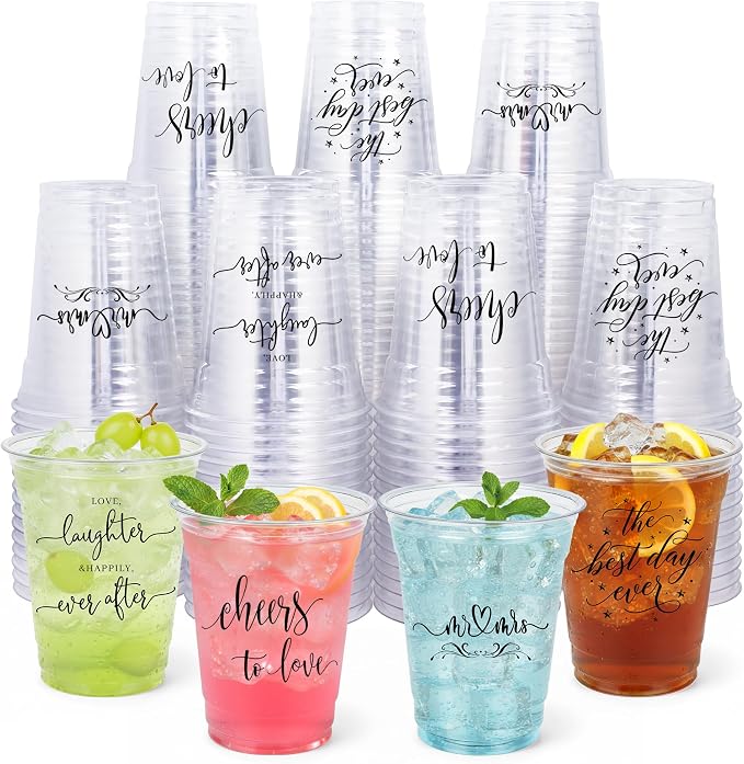 Edussy 200 Pack Disposable Wedding Plastic Cups Decor-4 Pattern 12 oz Mr and Mrs Cups for Wedding Stuff Decorations for Reception Bridal Shower Anniversary Party