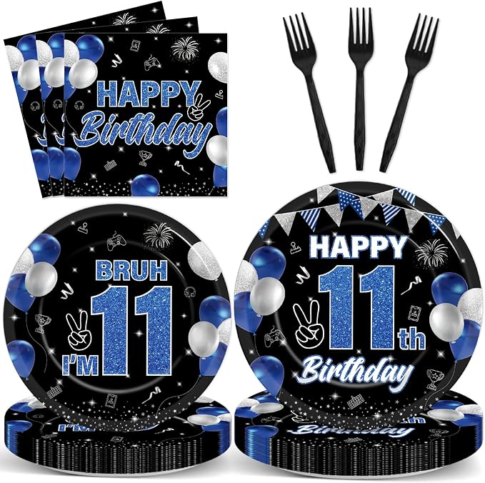 96PCS 11th Birthday Party Supplies Blue and Black 11th Birthday Plates and Napkins Black Blue Bruh I’m 11 Tableware Dinnerware Video Game Theme Decorations for Boys Party Favors Serves 24