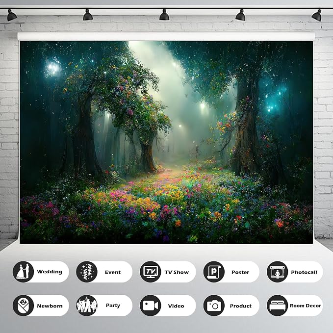 Fantasy Forest Backdrop Beautiful Magical Night Forest Landscape with Lush Flowers Photography Background Magic Field in Evening Light Backdrop Decors Artist Creation Background Props 8x6ft