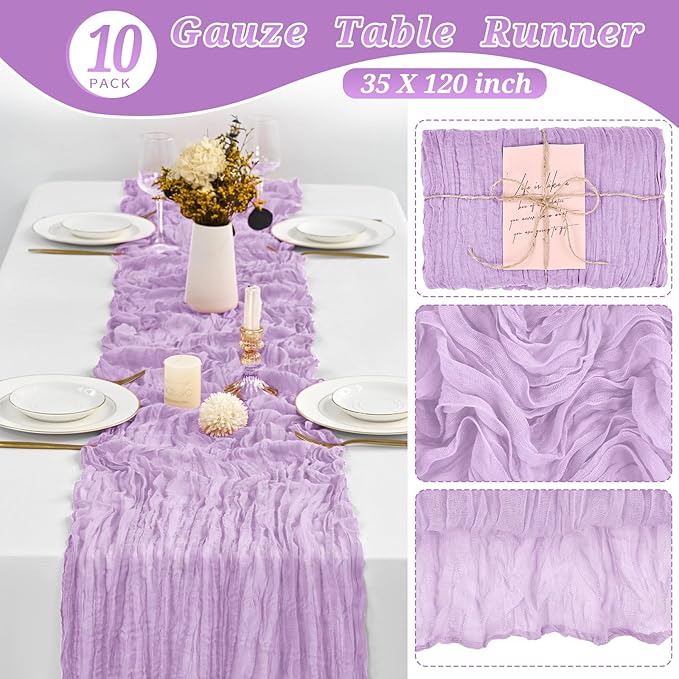 10 Pcs Lilac Cheesecloth Table Runner 10FT, Gauze Table Runner for Wedding Reception Sheer Bridal Shower Birthday Party Boho Table Decoration, Rustic Romantic Wedding Runner