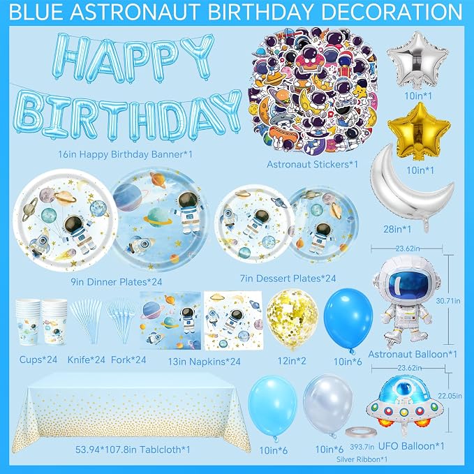 222Pcs Space Themed Party Decorations, Birthday Tableware Set | 2-design plates, cups, napkins, cutlery, foil balloons, tablecloth & stickers for 24 guests