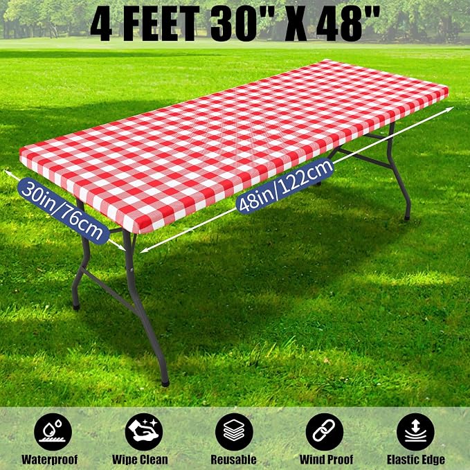 Smiry Picnic Table Cloth 4 Pack, Waterproof Elastic Fitted Tablecloths for 4FT Rectangle Tables, Washable Polyester Buffalo Plaid Tablecloth for Camping, Dining & Outdoor (Red & White, 30" x 48")