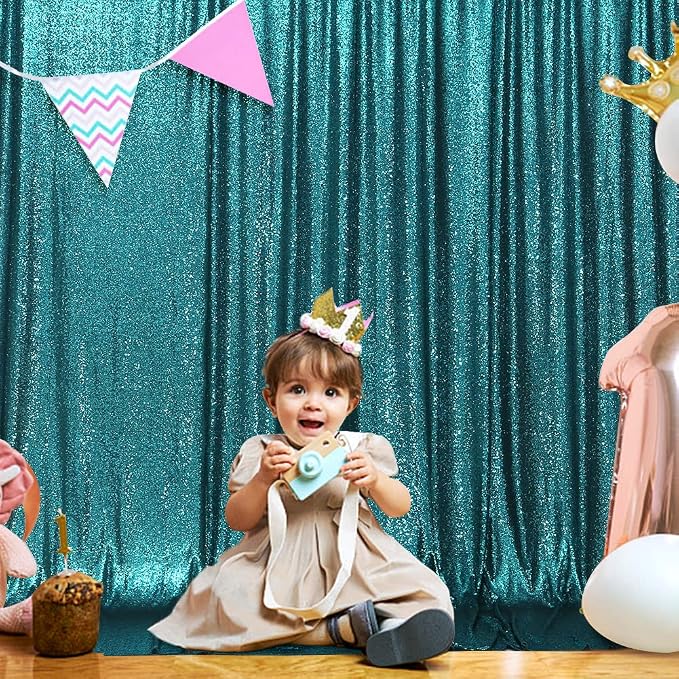 SquarePie 8x8ft Teal Sequin Backdrop for Photography, Satin-Backed Real Sequin Curtain, Enhanced Coverage Shimmering Background with 4" Rod Pocket for Wedding, Birthday, Party Decor, 1 Panel