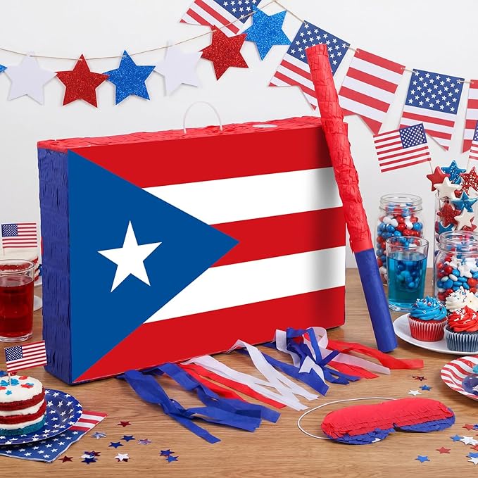VioraWhite Puerto Rico Party Decorations Flag Piñata Red White Blue Small Piñata Set with Bat and Blindfold for Puerto Rican Birthday Party Games National Day Patriotic Festival Decor Supplies