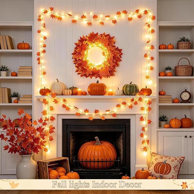 JMEXSUSS 48 LED Maple Leaf Lights, Battery Operated, 15.75 FT, Warm White | Fall Garland with Lights, Fall Lights Indoor, Vine with Fairy Lights, Indoor for Thanksgiving, Room, Autumn, Fall Home Decor