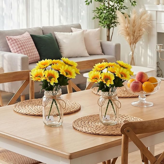 Mason Jar with Lights Decorative Centerpieces for Tables Mason Jars Flowers Decorations LED Farmhouse Vase for Home Wedding Event Party Decor(Sunflower,Yellow,4 Sets)
