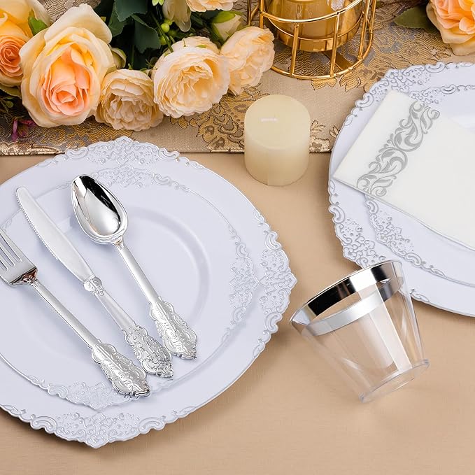 Bestluck 350PCS Silver Plastic Plates for 50 Guests, Disposable Dinnerware Set Includes 100 Disposable Plates, 150 Silver Silverware, 50 Cups, 50 Napkins for Party & Wedding