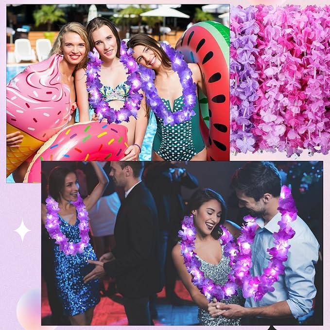 Sherr 48 Pcs LED Hawaiian Leis Light up Flower Leis Necklace with LED Lights Luau Flowers Necklaces for Masquerade Beach Wedding Tropical Themed Party Supplies(Various Purples)