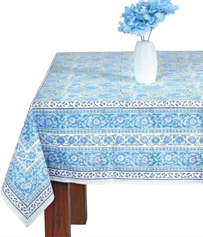 Ridhi Asparagus Green Gadd Hand Block Print Cotton Rectangle Tablecloth 102" x 48" inches Reusable Table Cover Decorative Everyday Use for Dining Room, Farmhouse, Home Gift for Spring, Mother's Day