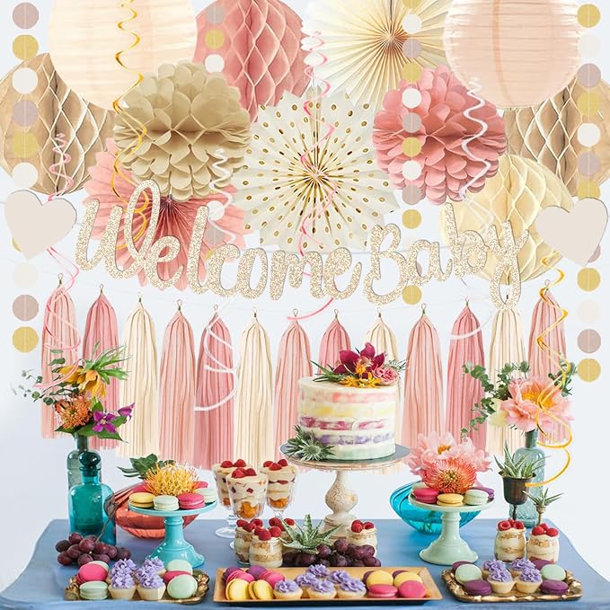 Dusty Pink Boho Baby Shower Party-Decorations Beige Champagne Girl Welcome Baby Banner Décor With Honeycomb Balls Paper Flowers Lanterns Pompom Fans Hanging Swirls Tassel Garland Party Backdrop