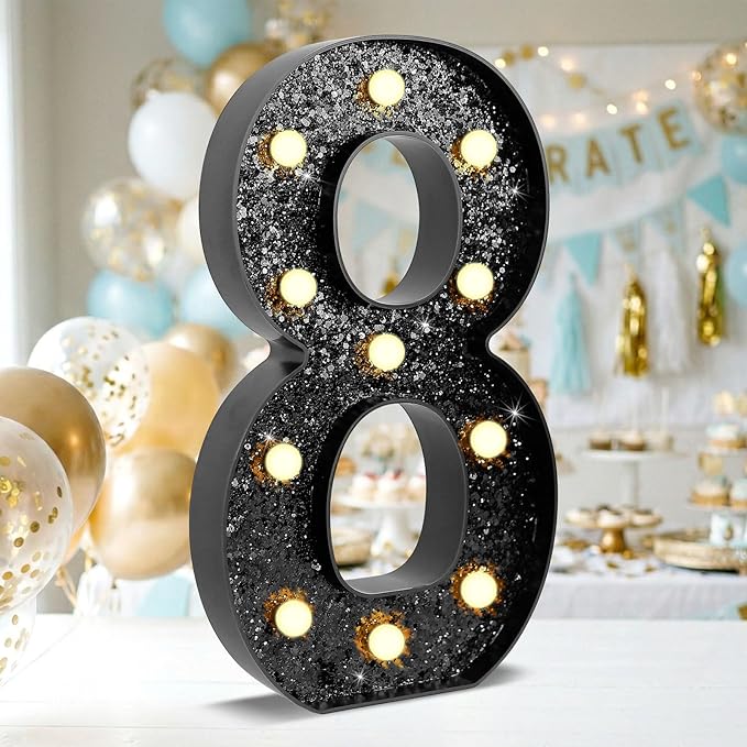 12.6 Inch LED Black Marquee Light Up Numbers, 8th Birthday Decorations Number Lights as Gifts for Girls Boys, Glitter Lighted Marquee Numbers for Black Anniversary Party Table Decor, 8