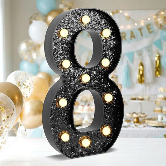 12.6 Inch LED Black Marquee Light Up Numbers, 8th Birthday Decorations Number Lights as Gifts for Girls Boys, Glitter Lighted Marquee Numbers for Black Anniversary Party Table Decor, 8
