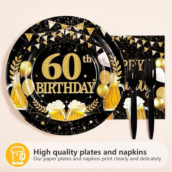 96Pcs Father's Day 60th Birthday Graduation Party Supplies Black Gold Plates and Napkins Tableware Sets Cheers and Beers to 60 Years Decorations for Best Dad Men 60 Years Old Birthday Party Serves 24