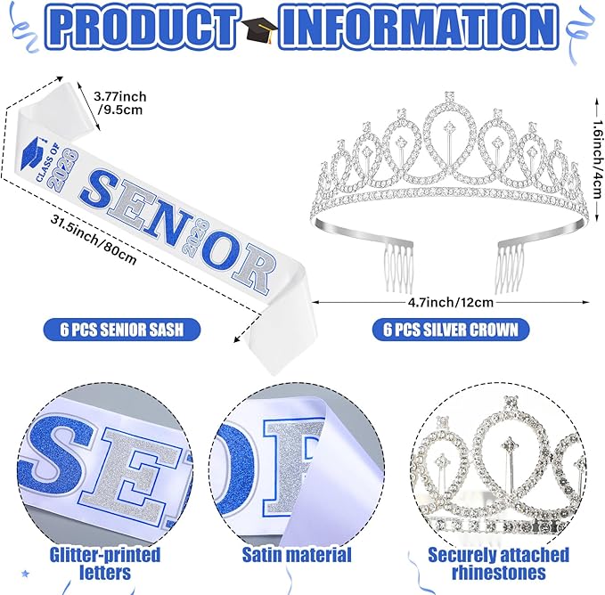 Janinka 6 Pcs Senior Sash 2026 Graduation Satin Sash with Glitter Letter Silver Crown Tiaras Cheer 2026 Gifts for Graduation Party Cheerleader Prom Photos Celebration(Blue)