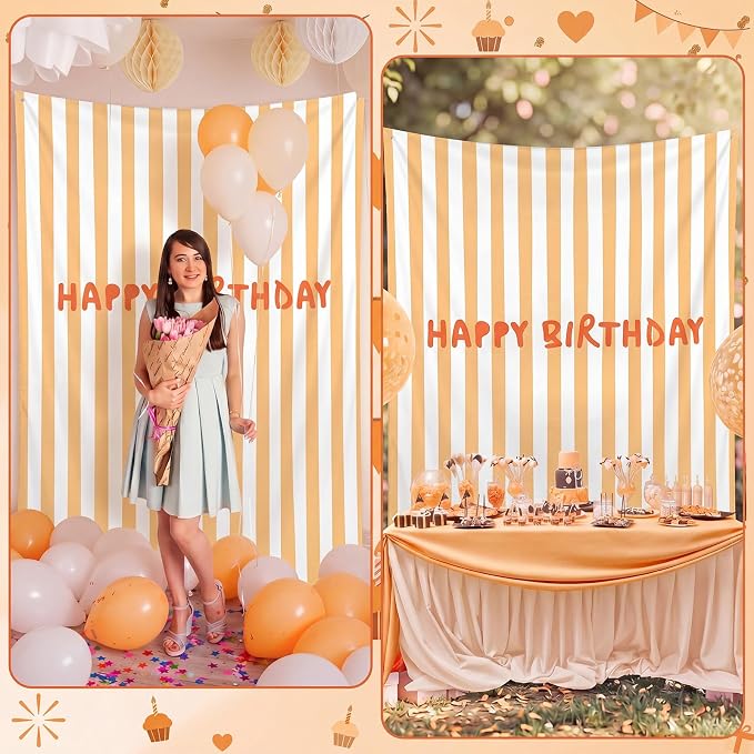 Flutesan 7x5ft Orange Stripe Happy Birthday Backdrop Large Banner Fabric Tapestry Birthday Party Decoration Baby Shower Linen Rustic Background Wall Photo Props Indoor Outdoor