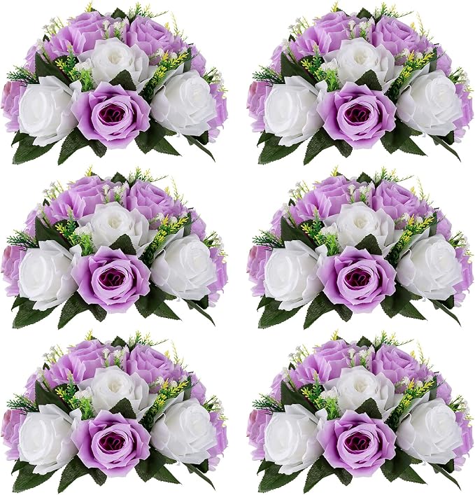 NUPTIO Flower Wedding Centrepieces for Tables - 6 Pcs 9.5in Diameter Lilac & White Artificial Flowers Rose Ball for Centerpieces Table - Fake Rose Arrangements for Weddings Birthday Party Decor | 6 Pcs Fake Silk Floral Arrangement for Women, for Weddin...