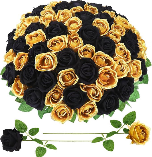 90 Pcs Gold, Black Velvet Rose Artificial Flowers with Long Stems, Fake Silk Roses Real Touch Fake Roses Florals for Birthday Wedding Bouquet Party Arrangement Decorations
