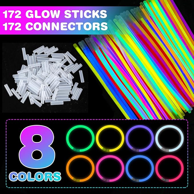 YixangDD 172 PCS Ultra Bright Glow Sticks, 8 Inch Glow Sticks Bulk Party Pack, Light Up Sticks for Glow Bracelets, Necklaces, Concerts, Christmas, Party Supplies with 172 Connectors