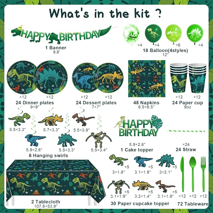 274 Pcs Dinosaur Birthday Decorations, Dinosaur Birthday Party Supplies with Banner, Balloons, Cake Toppers, Plates, Cups and Tablecloth for Boy Dino Party Decor, Serves 24