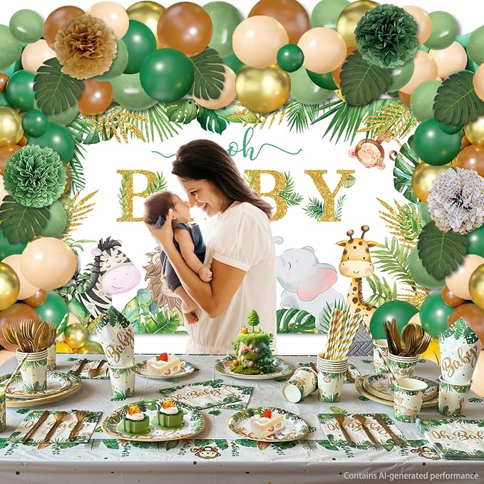 Safari Jungle Baby Shower Decorations for Boy Girl ,258 PCS Jungle Safari Animal Party Decorations Supplies (20 Guest) with Paper Plates Cups Napkins Tablecloth Backdrop Balloons Arch Kit