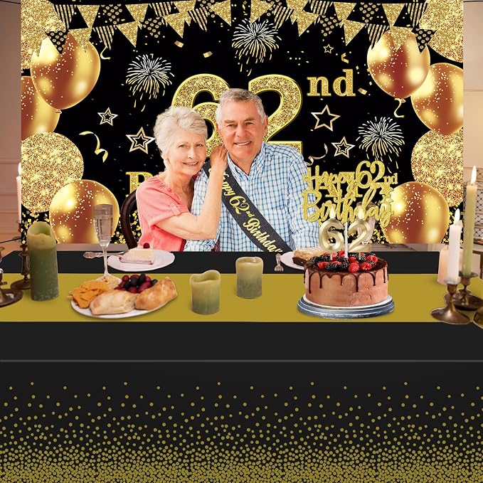 62nd Birthday Decorations Men Women with 62nd Birthday Banner, Black and Gold Table Cloth, Number Balloons, Large Sash, Cake Topper and Candles