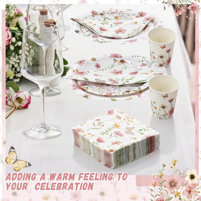 Ziliny 250 Pcs Wildflower Party Decorations Include Spring Summer Floral Paper Plates Napkins and Cups for Wildflower Baby Shower Tea Decorations, Serve 50 Guest (Boho, Pink Flower Style)