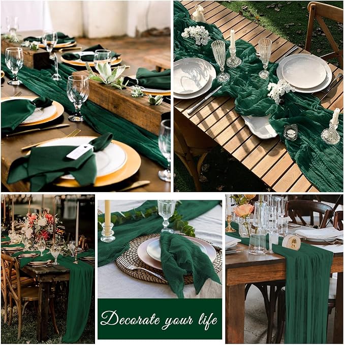 10 Pack Cheesecloth Table Runner 17 x 108 inch Long Boho Gauze Table Runners Semi Sheer Table Runner for Wedding Decor, Baby Shower, Birthday Party, Banquet (Emerald Green)