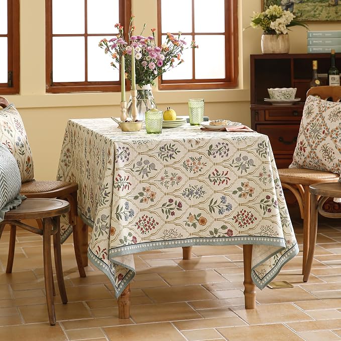 ISAENNE Designer Vintage Linen Rectangular Tablecloth,87"x55"-Serenity B | Elegant French Table Cloth Rectangle Table,Colorful Floral Pattern,Decoration,Dining Room,Tea Party,Kitchen,Thanksgiving