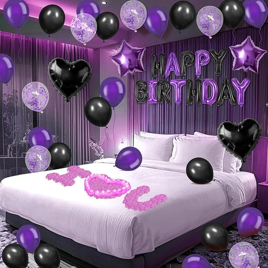 Black Purple Happy Birthday Balloons Decorations Black and Purple Birthday Balloon Letters Banner with Star Heart Balloons Artificial Rose Petals 24 Flameless LED Candles for Birthday Party Supplies