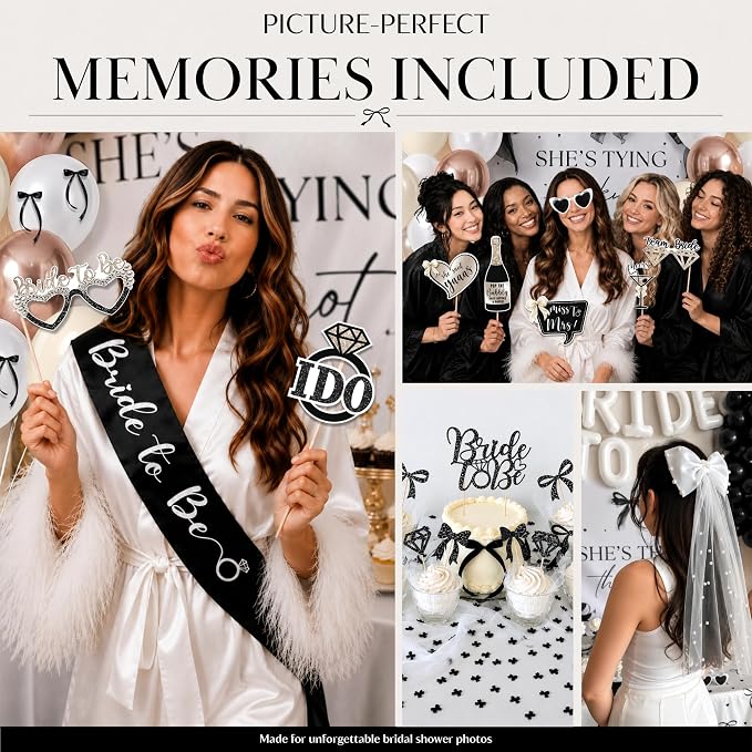 325 Pc Black Bow Bridal Shower Decorations Set - She’s Tying the Knot Bridal Shower Decorations with Black Bow Balloons, Backdrop, Bride to Be Banner - Elegant Bachelorette Party Decor Kit