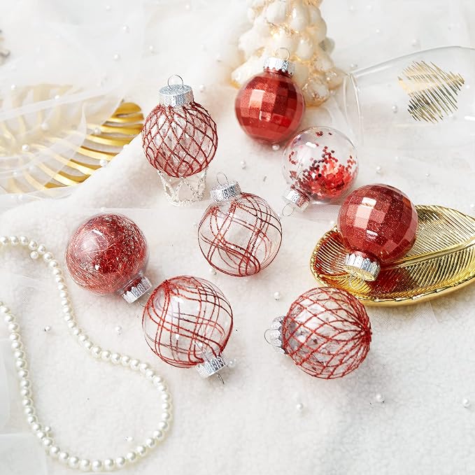 CristBest 30ct Christmas Ball Ornaments-60mm/2.36" Shatterproof Clear Plastic Xmas Balls Baubles Set with Stuffed Delicate Sparkling, Hanging Christmas Tree Decorations(Red)