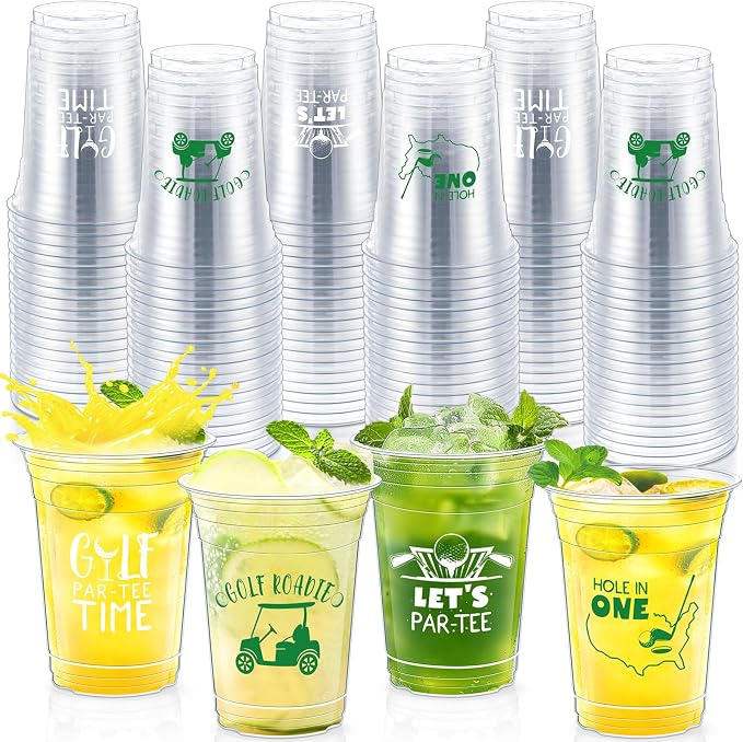 Geyoga 100 Pcs Golf Ball Cups 16 oz Golf Plastic Disposable Cups Bulk Let's Par-tee Clear Drinking Tumbler for Sport Birthday Bachelor Party Decoration Favors