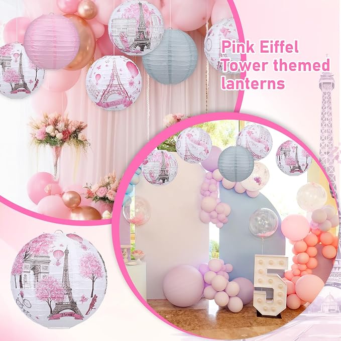 Panelee 12 Pcs Paris Party Decorations Eiffel Tower Pink Paper Lanterns 8 Inch Hanging Round Hanging Paper Party Decorations for European City Landscape Theme Ceiling Holiday Decor Supplies