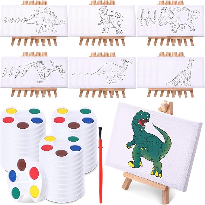 MotiMind 24 Sets Canvas for Painting Dinosaurs 4 x 6 Pre Drawn Canvas Painting Dinosaur Kit Animals Pre Drawn with Paints Brushes for Beginners Students Dinosaur-Themed Party