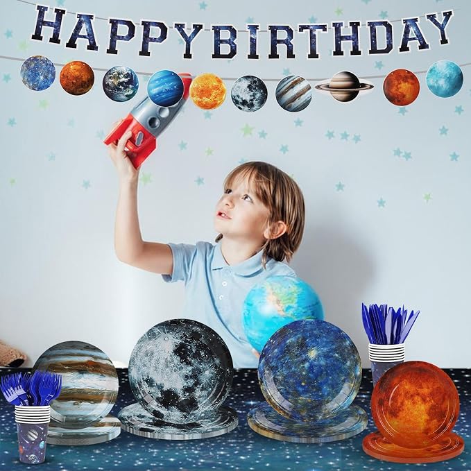 182pcs Outer Space Theme Birthday Party Supplies,Galaxy Planet Outer Space Paper Plates and Napkins Kit,for Solar System Planets Baby Shower Birthday Party Decorations,Serves 30