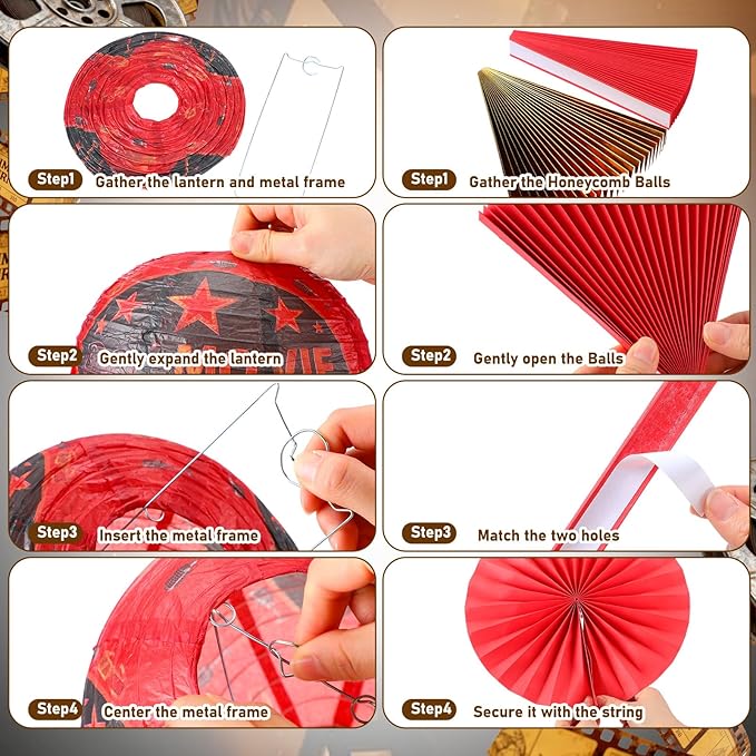 Retisee 18 Pcs Movie Night Party Decor Theme Hanging Paper Lanterns with Popcorn Trophy Microphone Film Reel Honeycomb Ball Fans for Movie Night Theater Carnival Party Decor