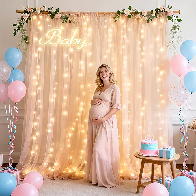 Ledido 4 Pack 10×8ft Beige Tulle Backdrop Curtains with Lights String - 1200LED Fairy Lights Sheer Curtain Backdrop for Wedding Baby Shower Photo Shoot Birthday Party Decoration(8 Panels 5×8ft)，Beige