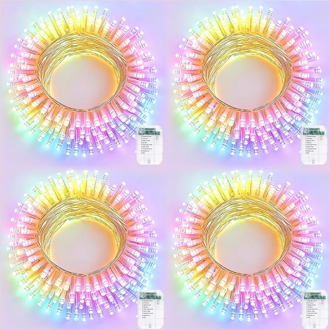 Pooqla 4 Pack String Lights Battery Operated, Total 66.6ft 200 LED Fairy Lights Indoor Outdoor Decorations, 8 Modes Battery Colorful Pastel Easter Lights for Bedroom Classroom Porch Party Yard Decor