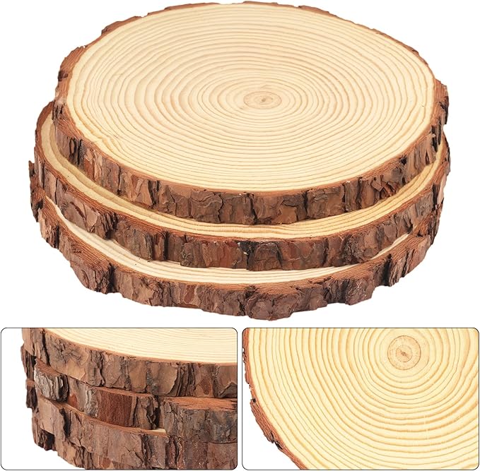 4 PCS 10-12 Inch Natural Wood Slices, Unfinished Pine Wood Circles with Barks for Coasters, DIY Crafts, Christmas Rustic Wedding Ornaments and Centerpieces,by GNIEMCKIN