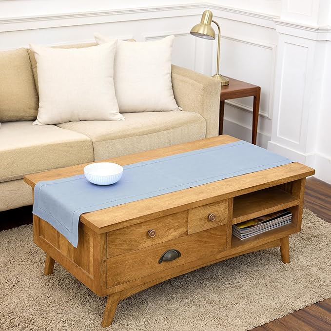 Solino Home Linen Sky Blue Table Runner 60 Inches - Classic Hemstitch, 100% Pure Linen Coffee Table Runner 14 x 60 Inch Ideal for Dresser Tables - Spring, Summer, Mothers Day