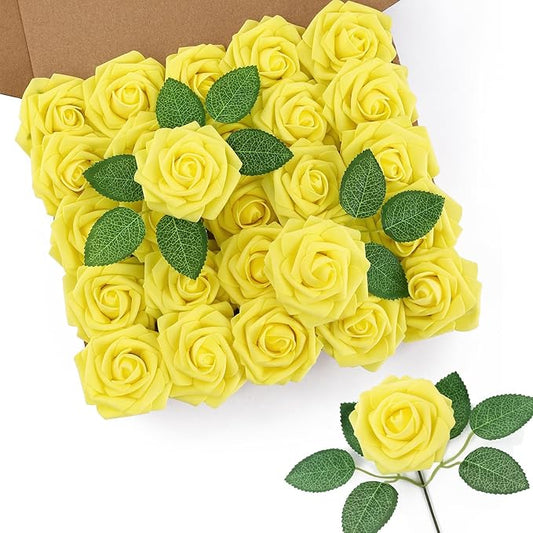 DuHouse 50Pcs Artificial Roses Flowers Fake Roses with Stems Real Touch Foam Flowers for DIY Wedding Bouquet Party Centerpiece Floral Arrangement Party Home Decor(Yellow)