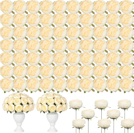 Suncalla 100 Pcs Artificial Peony Flower Bulk Silk Peony Flowers Heads with Stems Realistic Fake Roses for DIY Wedding Craft Bridal Bouquets Table Centerpieces Vase Home Decor (Champagne,3.5 Inch)