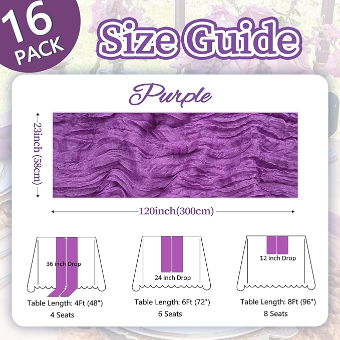 16 Pack Purple Cheesecloth Table Runner 10ft Boho Gauze Fabric 120 Inch Cheese Cloth Table Runner Rustic Sheer for Holiday Baby Shower Party Décor Home Wedding Decoration