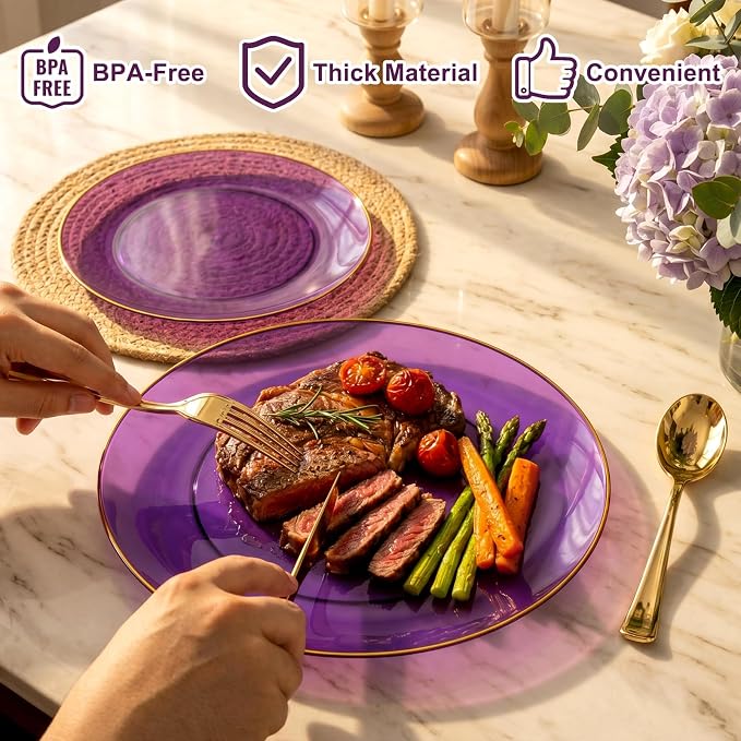 YOUBET 125PCS Purple Plastic Plates - Purple Disposable Plates With Gold Rim - Include 50 Dinner & Dessert Plate, 75 Gold Cutlery Perfect for Wedding Parties & Party