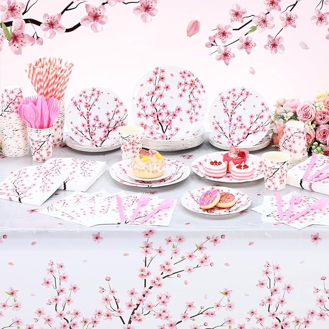 Funnymoom 452 Pcs Cherry Blossom Party Decorations Supplies Include Cherry Blossom Paper Plates Napkins Cups Tablecloth Cutlery Straws for Baby Shower Birthday Bridal Shower Wedding Party